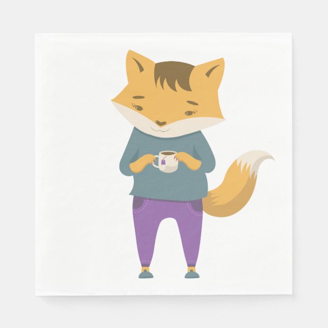 Cute fox med kopp i te pappersservett (Framsidan)