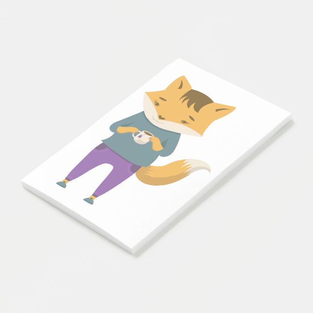 Cute fox med kopp i te post-it block (Vinklad)