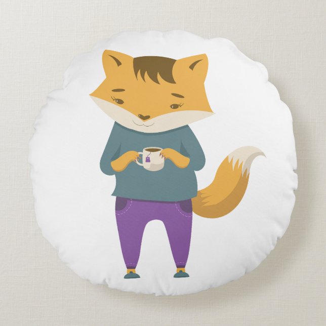 Cute fox med kopp i te rund kudde (Framsidan)