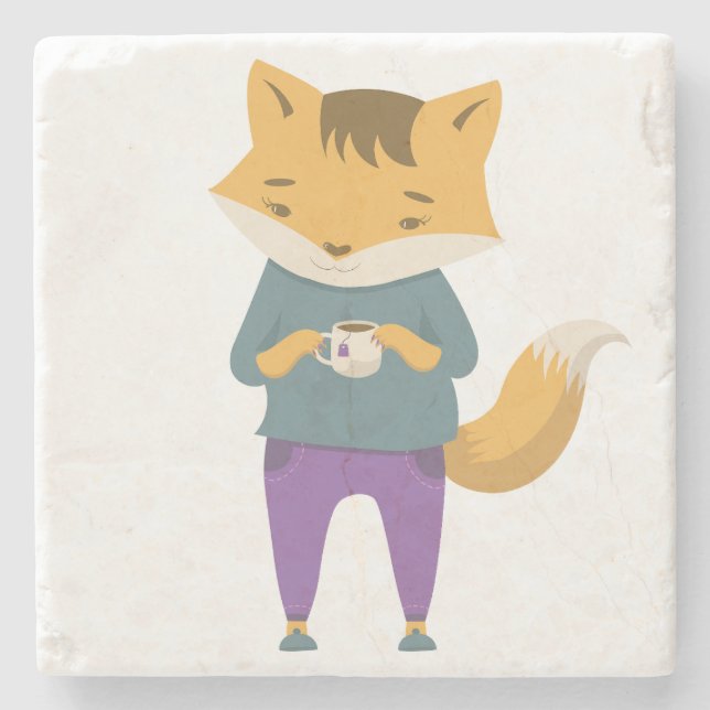 Cute fox med kopp i te stenunderlägg (Framsidan)