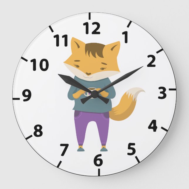 Cute fox med kopp i te stor klocka (Framsida)