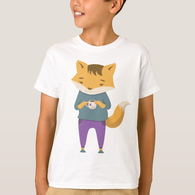 Cute fox med kopp i te t shirt (Framsida)