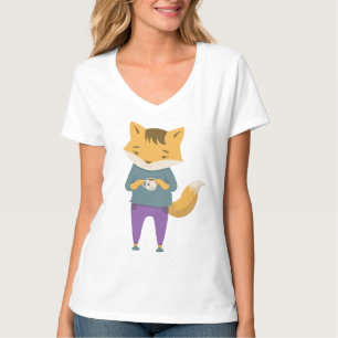 Cute fox med kopp i te t shirt