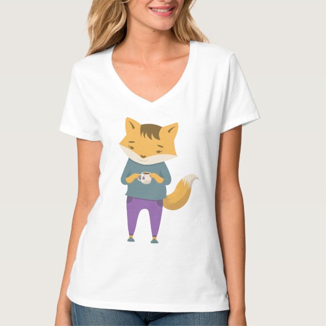 Cute fox med kopp i te t shirt (Framsida)