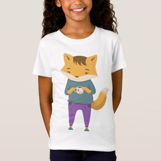 Cute fox med kopp i te t shirt (Framsida)
