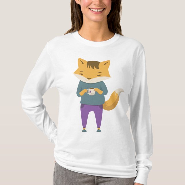 Cute fox med kopp i te t shirt (Framsida)