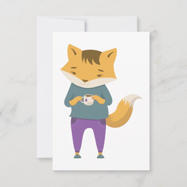 Cute fox med kopp i te tack kort (Framsida)