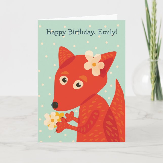 Cute Fox och blommor Grattis på födelsedagen Namn Kort (Framsida)