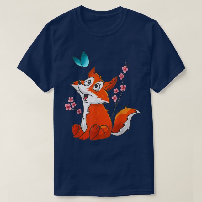 Cute Fox och Flower Graphics Japansk Cherry-Blomma T Shirt (Design framsida)