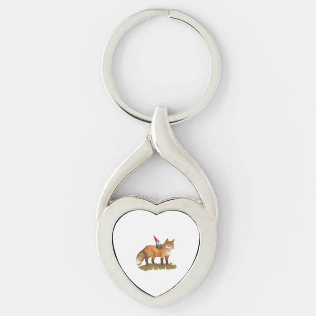 Cute Fox och hans vän Gnome Twisted Heart Silverfärgad Nyckelring (Framsidan)