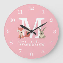 Cute Fox och kanin Flicka Monogram Rosa Stor Klocka