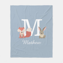 Cute Fox och kanin Forest Animals, monogram Blue Fleecefilt