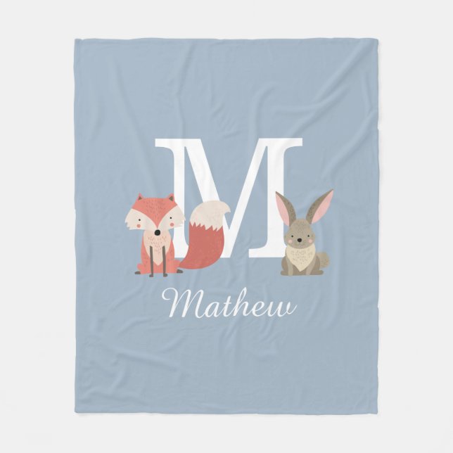 Cute Fox och kanin Forest Animals, monogram Blue Fleecefilt (Framsidan)