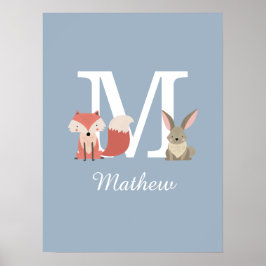 Cute Fox och kanin Forest Animals, monogram Blue Poster