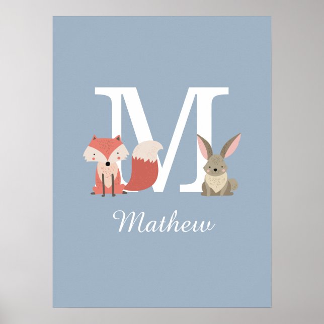 Cute Fox och kanin Forest Animals, monogram Blue Poster (Framsidan)