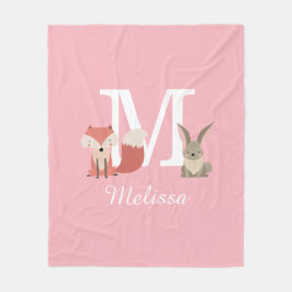 Cute Fox och kanin Forest Animals Monogram Rosa Fleecefilt