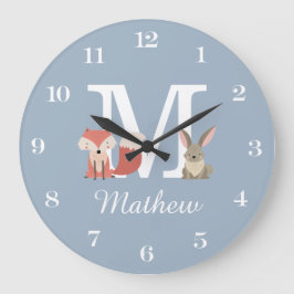 Cute Fox och kanin Pojke Monogram Blue Stor Klocka