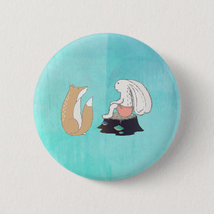 Cute Fox och Rabbit Woodland Creatures Teckning Knapp