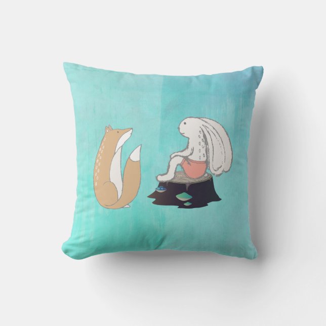 Cute Fox och Rabbit Woodland Creatures Teckning Kudde (Framsida)