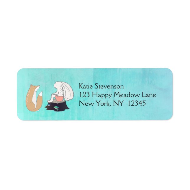 Cute Fox och Rabbit Woodland Creatures Teckning Returadress Etikett (Framsidan)