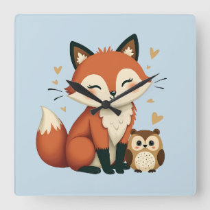Cute Fox och Uggla Whimsical Woodland Illustration Fyrkantig Klocka