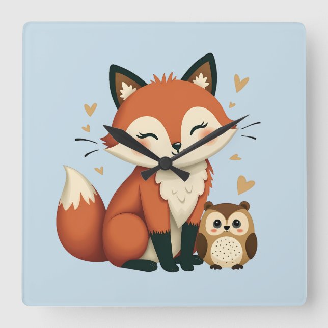 Cute Fox och Uggla Whimsical Woodland Illustration Fyrkantig Klocka (Framsida)