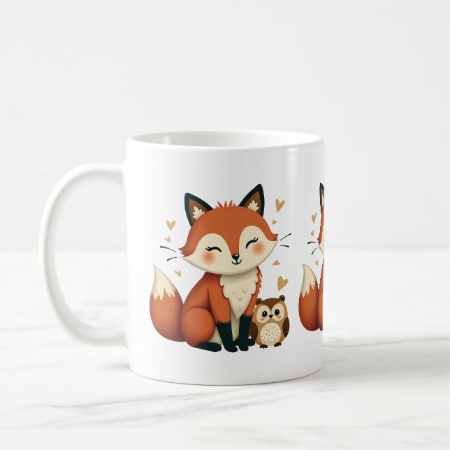 Cute Fox och Uggla Whimsical Woodland Illustration Kaffemugg (Vänster)