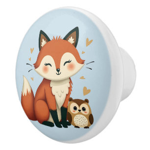 Cute Fox och Uggla Whimsical Woodland Illustration Knopp