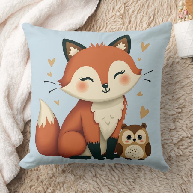 Cute Fox och Uggla Whimsical Woodland Illustration Kudde (Filt)