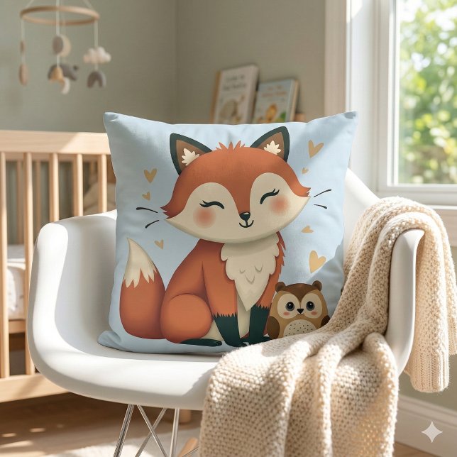Cute Fox och Uggla Whimsical Woodland Illustration Kudde (Cute Fox and Owl Whimsical Woodland Illustration Throw Pillow Mockup A)