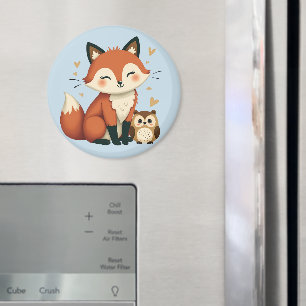 Cute Fox och Uggla Whimsical Woodland Illustration Magnet