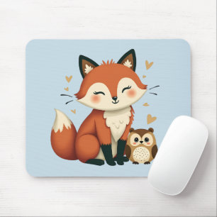 Cute Fox och Uggla Whimsical Woodland Illustration Musmatta