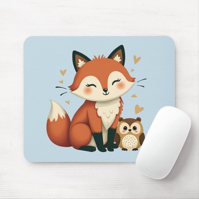 Cute Fox och Uggla Whimsical Woodland Illustration Musmatta (Med mus)