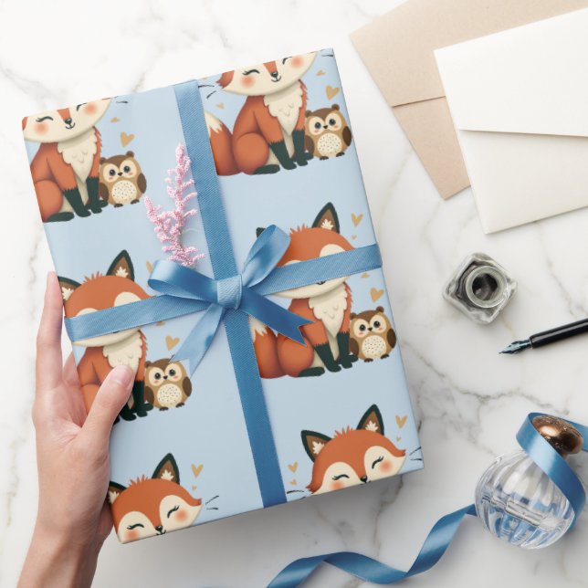 Cute Fox och Uggla Whimsical Woodland Illustration Presentpapper (Gifting)