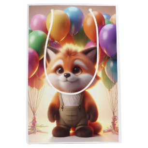 Cute fox omgiven av färgstarka ballonger.