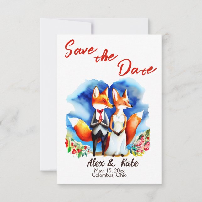 Cute Fox par Bröllop spara datum meddelande (Framsida)