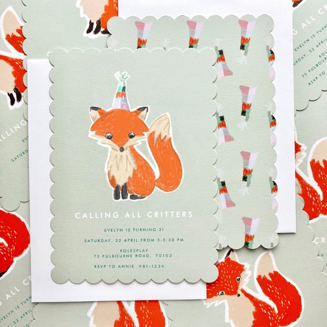 Cute Fox Party Hat Woodland Birthday Inbjudningar (Fox birthday party invitations)