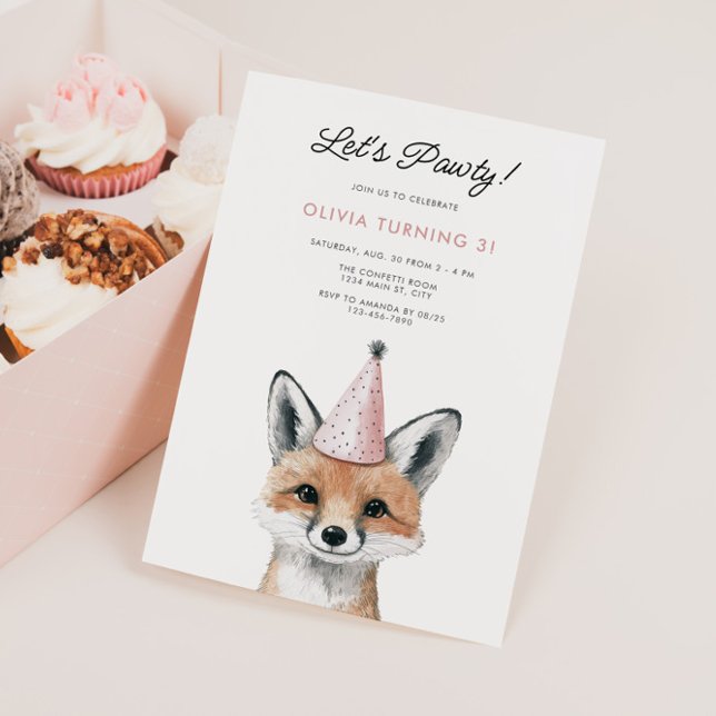 Cute Fox Party Hat Woodland Birthday Inbjudningar (Party Animal Fox Birthday Invite)