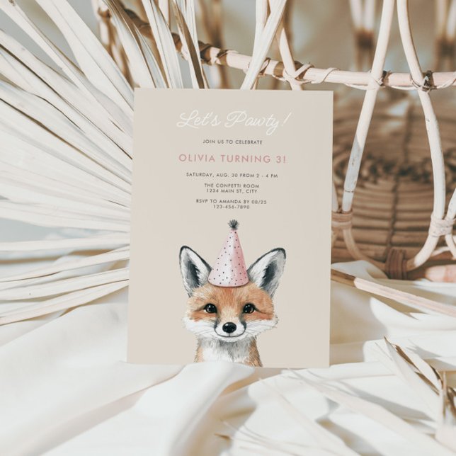 Cute Fox Party Hat Woodland Birthday Inbjudningar (Girls Fox Party Hat Birthday Invite)