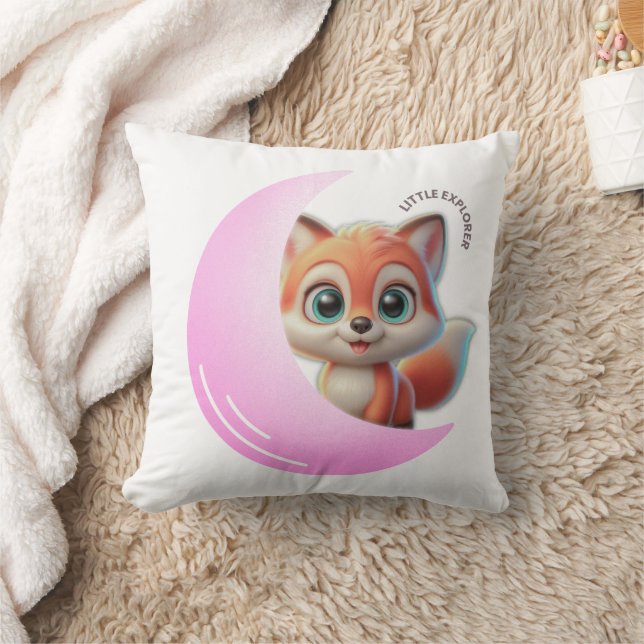 Cute Fox Pink Moon Cushion Kudde (Filt)
