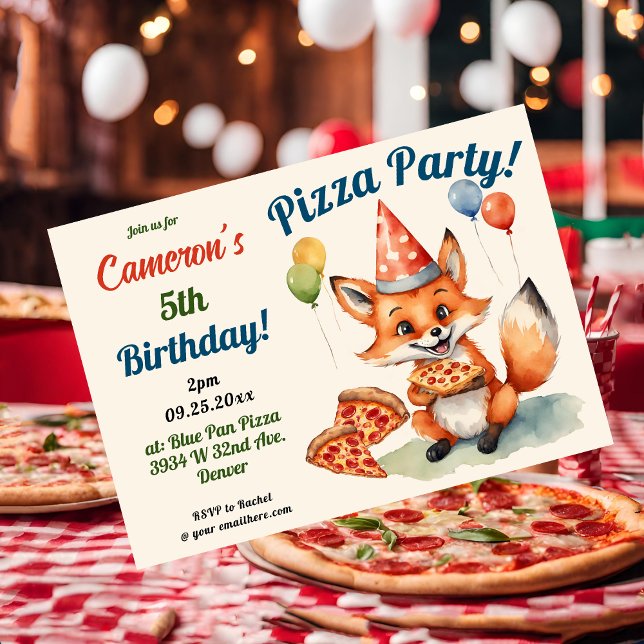 Cute Fox Pizza Party födelsedag Inbjudningar (Skapare uppladdad)
