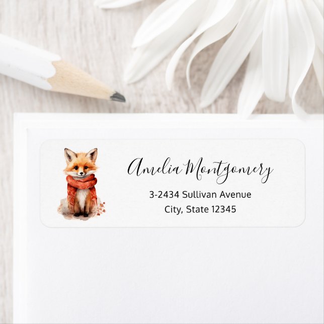Cute Fox Pup in a Red Scarf - Address Returadress Etikett (Insitu)
