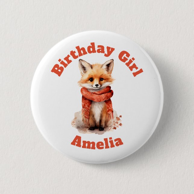 Cute Fox Pup in a Red Scarf Birthday Girl Knapp (Framsida)
