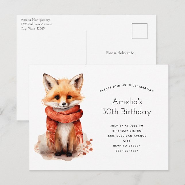 Cute Fox Pup in a Red Scarf Birthday Inbjudan Vykort (Fram/baksida)