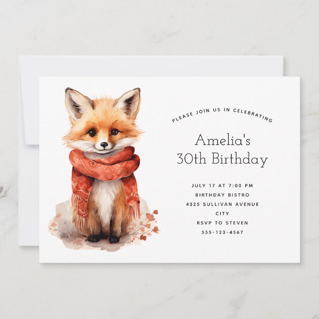 Cute Fox Pup in a Red Scarf Birthday Inbjudningar (Framsida)