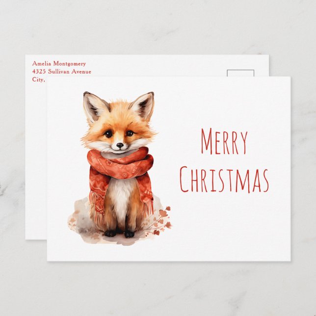 Cute Fox Pup in a Red Scarf Christmas Helg Vykort (Fram/baksida)