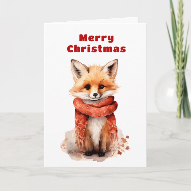 Cute Fox Pup in a Red Scarf Christmas Helgkort (Framsida)