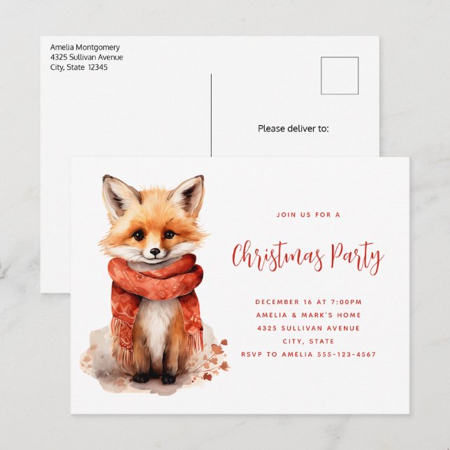 Cute Fox Pup in a Red Scarf Christmas Party Inbjudan Vykort (Fram/baksida)