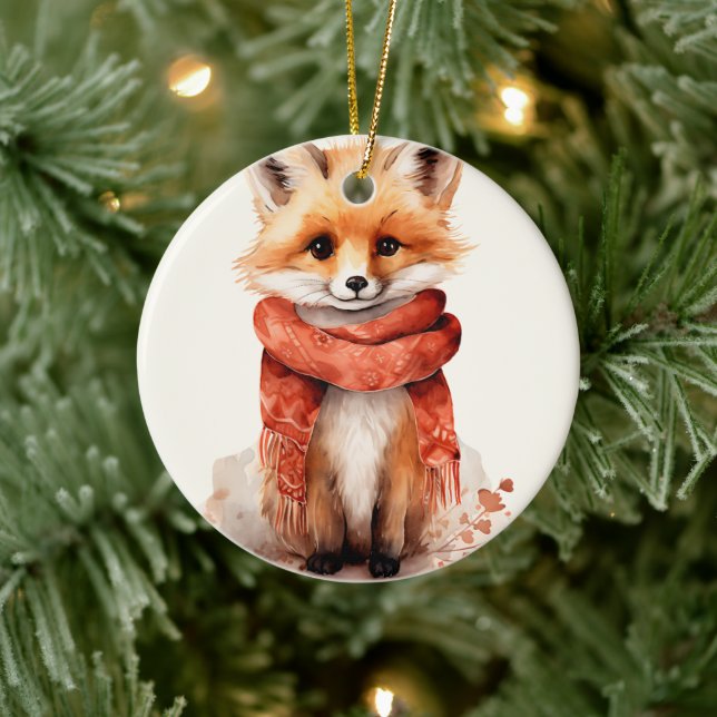 Cute Fox Pup in a Red Scarf Julgransprydnad Keramik (Träd)