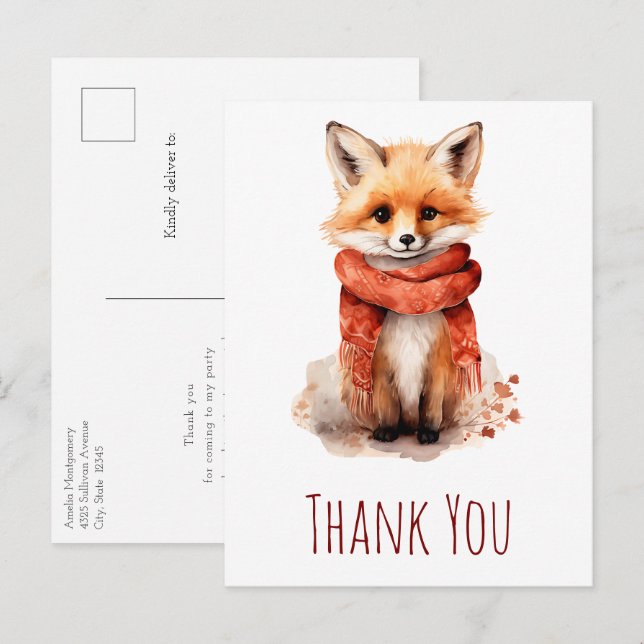 Cute Fox Pup in a Red Scarf Thank You Vykort (Fram/baksida)